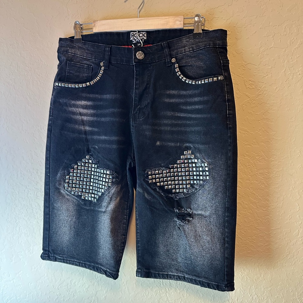 Rock Salt Dark Distressed Heavy Rip& Repair Denim Shorts with Silver Deco Button